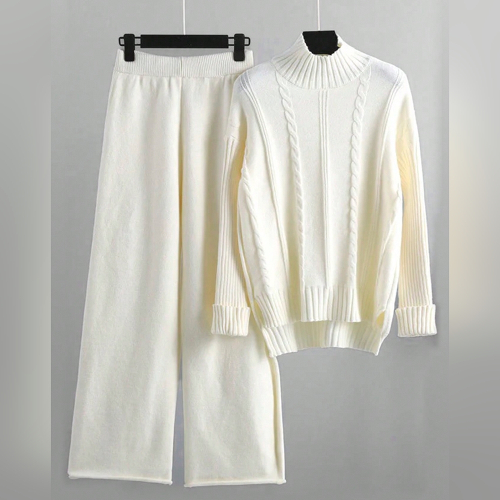 Cable Knit Long Sleeve Sweater & Knit Pants For Dailywear , 2 Piece S - Picture 1 of 5